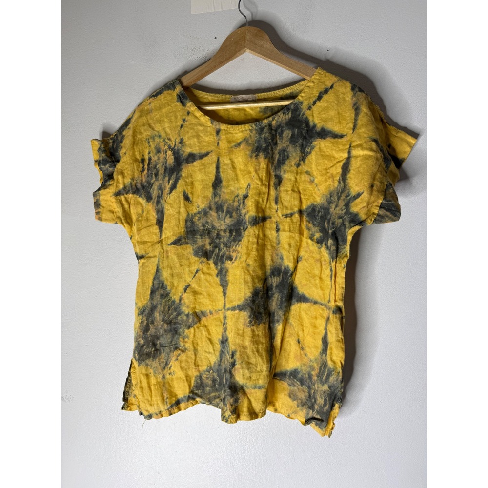 Bellambra Made In Italy 100% Linen Top Tie Dye Blouse Size L Yellow Blue